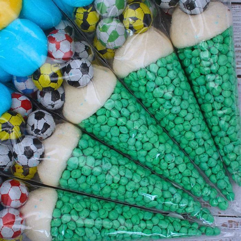 Prefilled Blue, Yellow and White Football-Inspired Sweet Cone