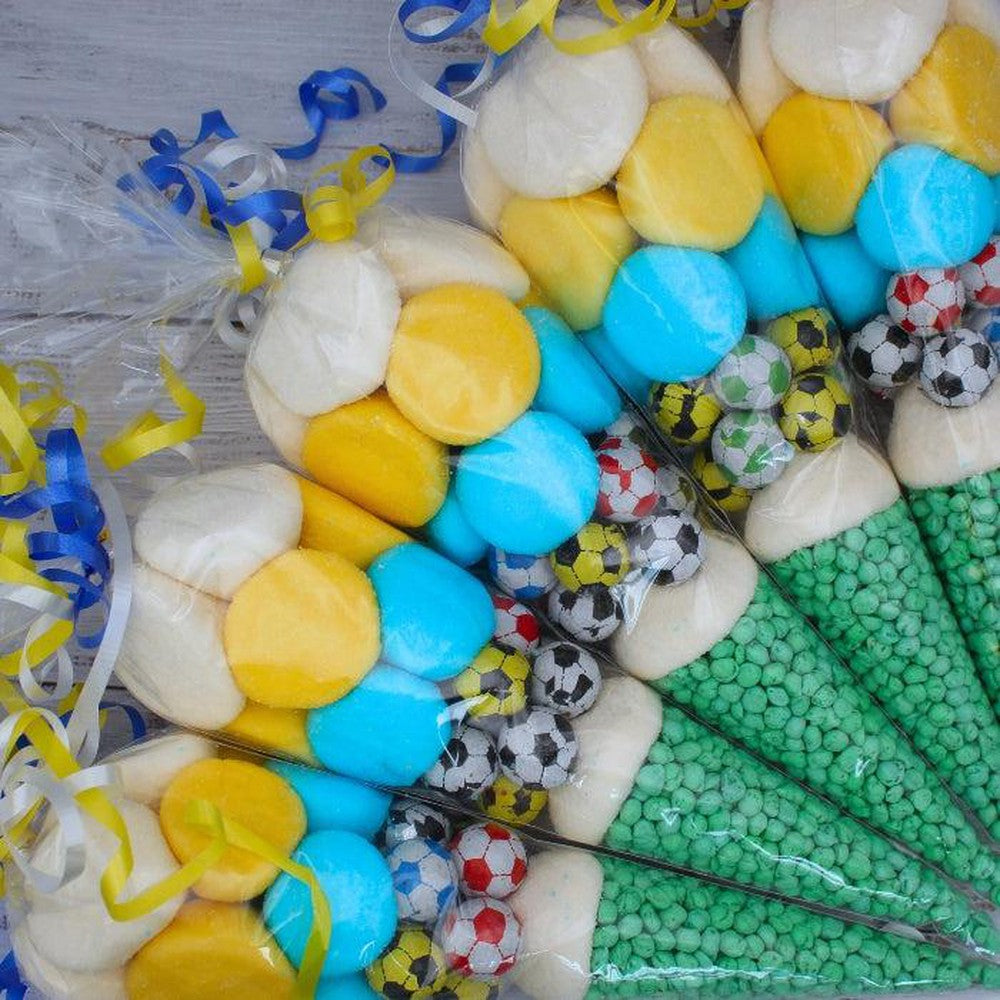 Prefilled Blue, Yellow and White Football-Inspired Sweet Cone