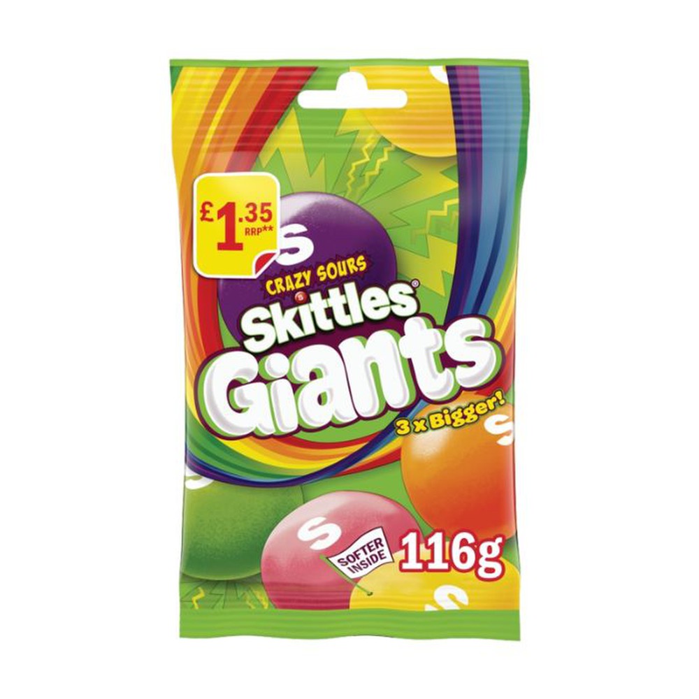 Skittles Giants Vegan Chewy Sour Sweets Fruit Flavoured Treat Bag £1.35 116g